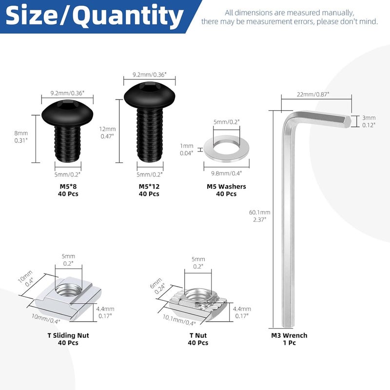 Glarks 201pcs M5 T Slot Nut and Button Head Socket Cap Screw Kit for 2020 Series Aluminum Extrusion, 40pcs 2020 Series T Nut and 40pcs T Sliding Nut, 80pcs Hexagon Socket Screw with 40pcs Flat Washers - Image 2